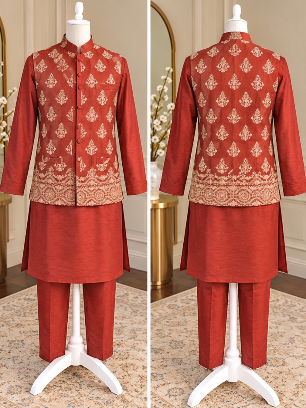 Men’s Rust Red Indian Kurta Pajama & Embroidered Nehru Vest – 3 Piece Set
